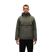 Napapijri puffer jacket rainforest winter 3 for men in olive green with logo patch and norwegian flag emblem front view