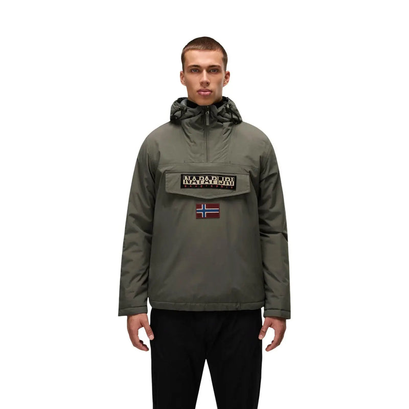 Napapijri puffer jacket rainforest winter 3 for men in olive green with logo patch and norwegian flag emblem front view