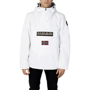 Napapijri Doudoune blanche pour homme avec écusson logo noir et or et doublure de capuche grise, vue de face