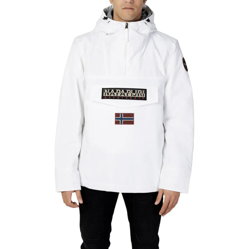 Napapijri Doudoune blanche pour homme avec écusson logo noir et or et doublure de capuche grise, vue de face