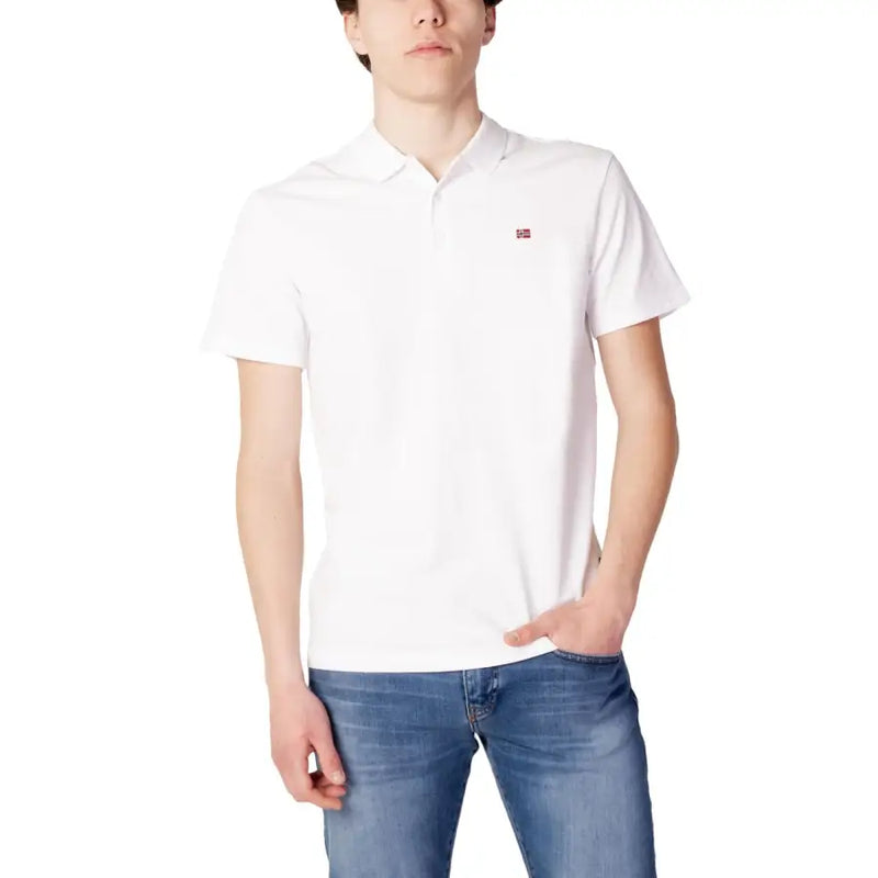 White polo shirt with red and blue logo, slim fit design.