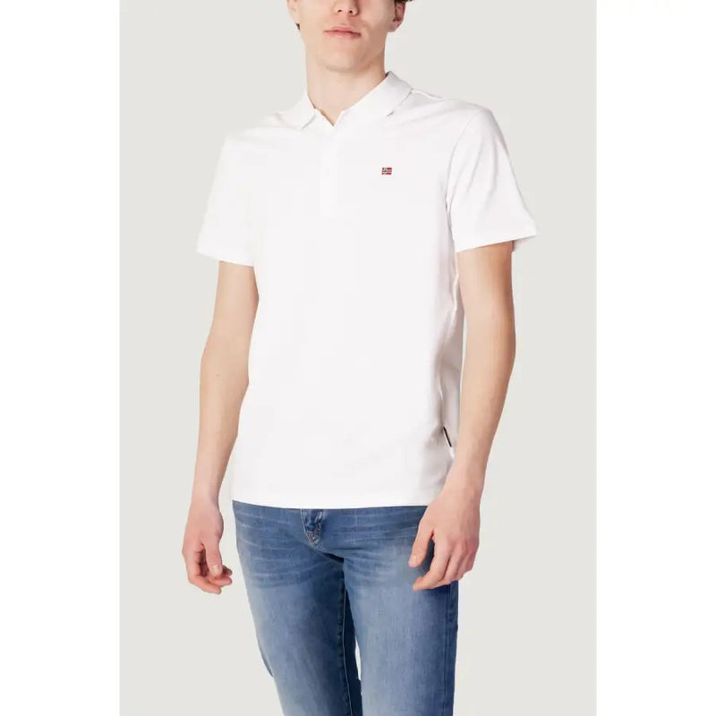 Napapijri white cotton polo shirt for men with short sleeves and small embroidered flag logo on left chest