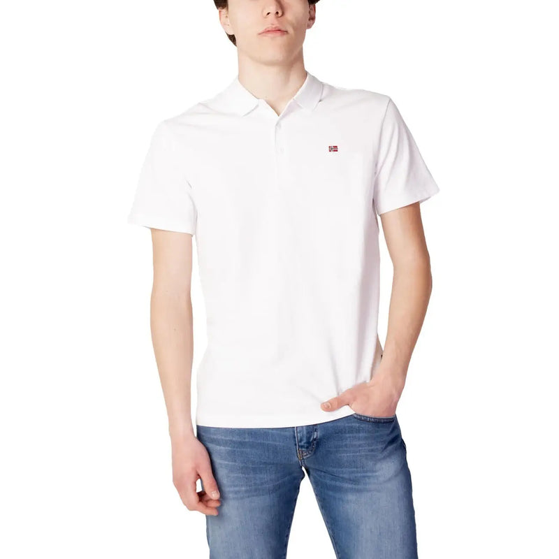 Napapijri white cotton polo shirt for men with short sleeves and small embroidered flag logo on left chest