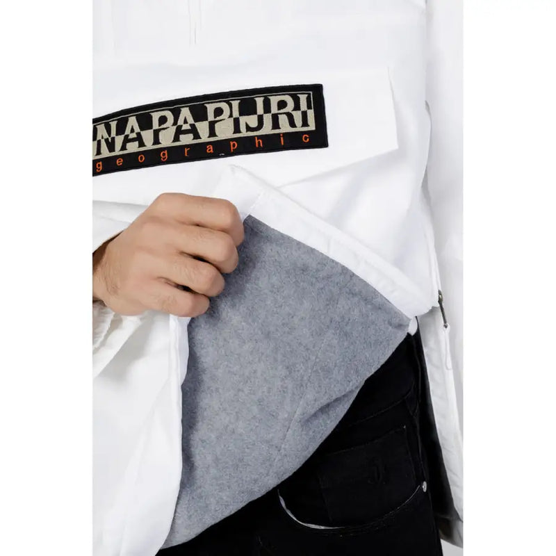 Napapijri white jacket with black and red logo patch on the chest.