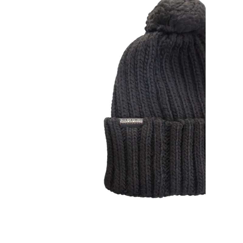 Napapijri Bonnet en laine noire pour homme, en maille côtelée avec pompon, vue de face
