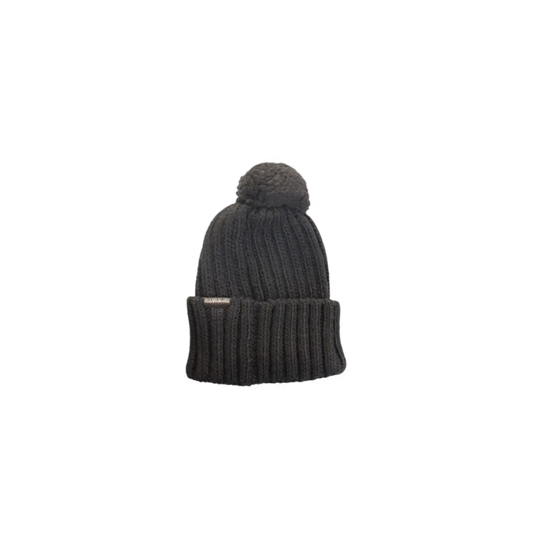Napapijri Bonnet en laine pour homme, en maille côtelée noire, avec pompon et revers replié, étiquette de marque, vue de face
