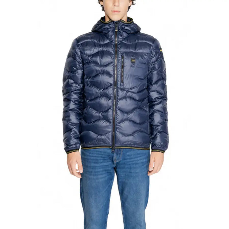 Navy blue hooded puffer jacket displayed in Black Hooded Puffer Jacket product