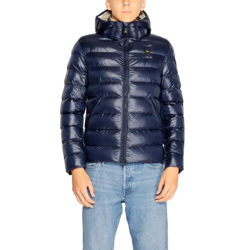 Navy blue quilted hooded puffer jacket with front zipper designed for cold weather outerwear