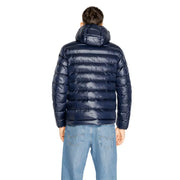 Navy Blue Hooded Puffer Jacket displayed on a mannequin in a stylish setting