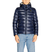 Navy blue quilted hooded puffer jacket with front zipper designed for cold weather outerwear