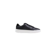 Black leather low-top sneaker with white sole and laces, classic design.