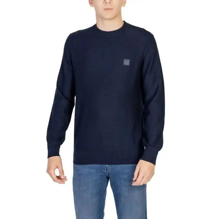 Pull bleu marine à col rond avec patch logo de Boss Collection Vert Homme