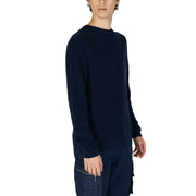 Navy blue ribbed knit long-sleeved sweater with zippered pocket designed for casual and comfortable wear