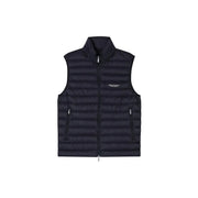 Navy blue quilted puffer vest with high collar zipper two side pockets and armani exchange logo on left chest