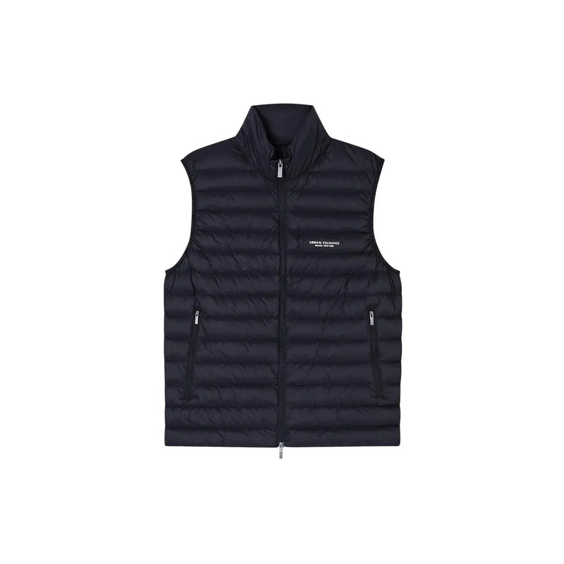 Navy blue quilted puffer vest with high collar zipper two side pockets and armani exchange logo on left chest