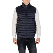 Navy blue quilted puffer vest with high collar front zipper and armani exchange logo on the chest