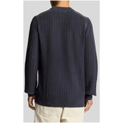 Dark navy ribbed knit sweater with crew neck and long sleeves in soft wool blend fabric for casual wear