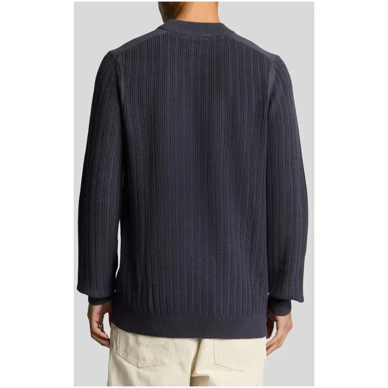 Dark navy ribbed knit sweater with crew neck and long sleeves in soft wool blend fabric for casual wear
