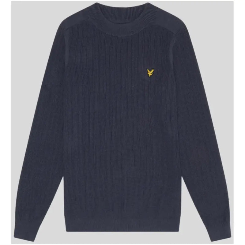 Navy blue ribbed knit sweater featuring a small gold bird logo on the chest, made from soft textured fabric