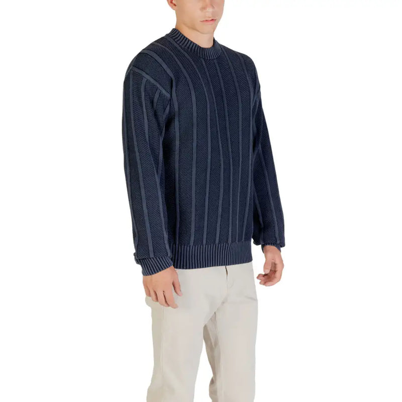 Navy blue striped knit sweater displayed in the Navy Blue Striped Knit Sweater product image