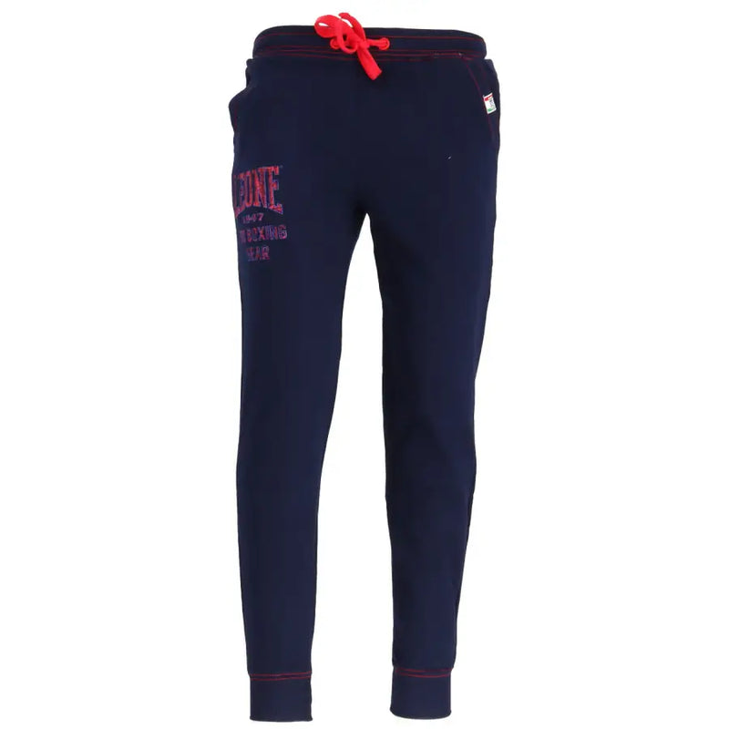 Navy blue sweatpants with red drawstring and embroidered branding on the thigh in soft comfortable fabric