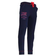 Navy blue leoné sweatpants with red drawstring and pink embroidered branding for casual wear