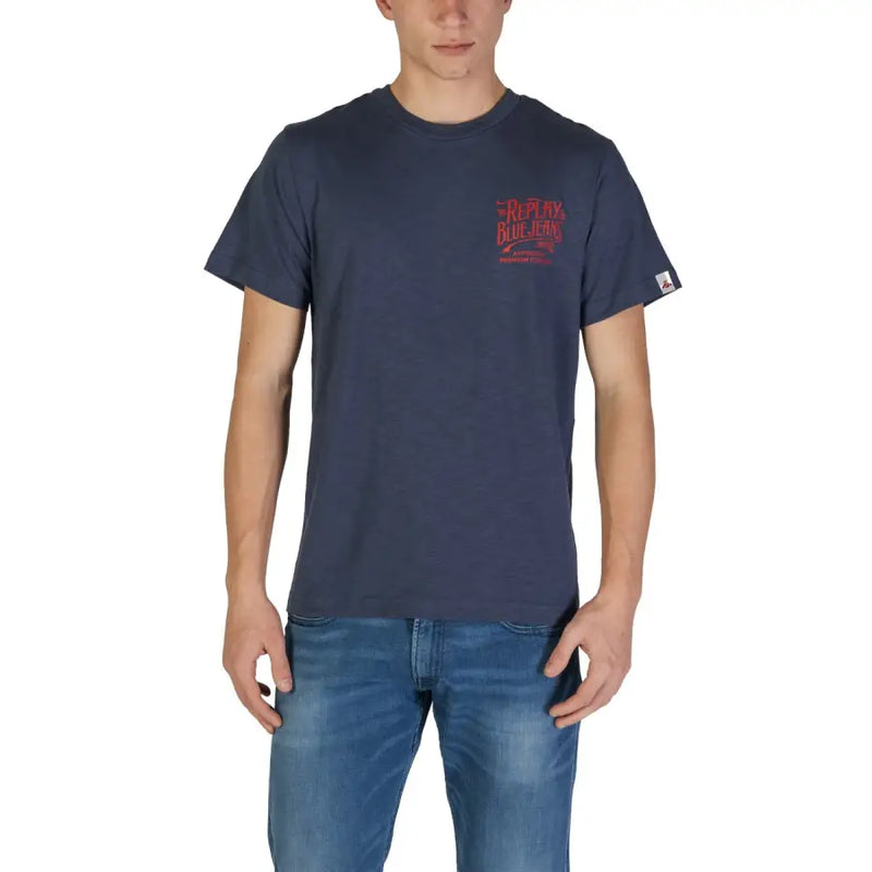 Navy blue cotton t shirt with red embroidered logo on the chest and a small brand tag on the sleeve