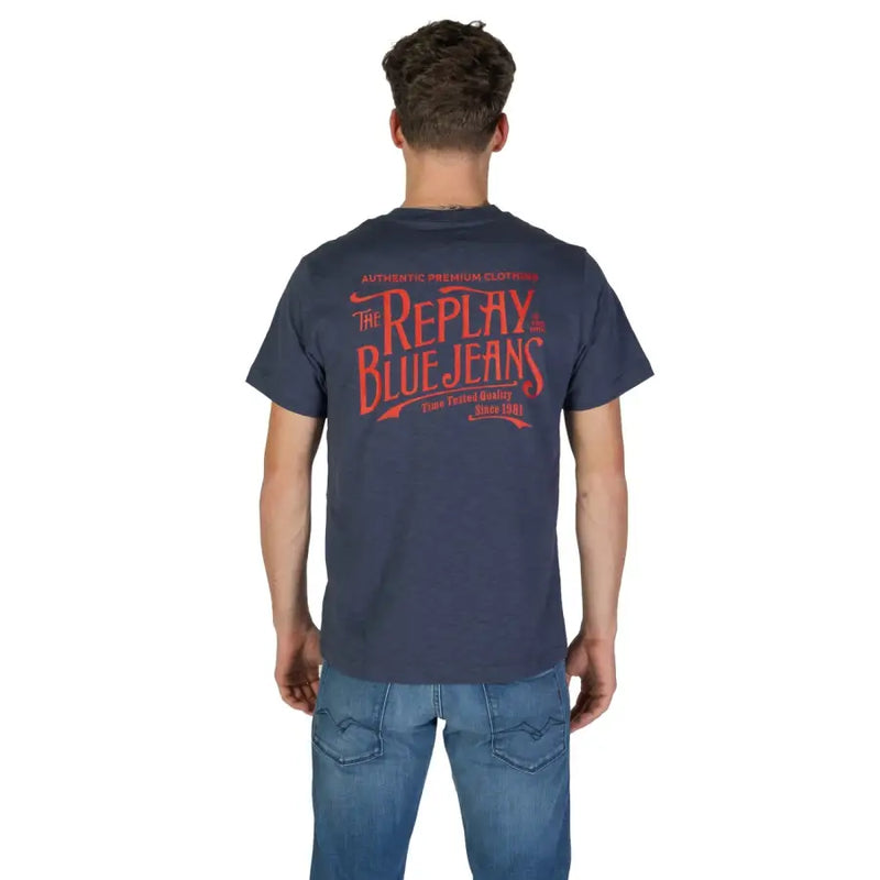 Navy blue short-sleeved t shirt with orange vintage style the replay blue jeans graphic print and red lettering