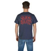 Navy blue short-sleeved t shirt with orange vintage style the replay blue jeans graphic print and red lettering