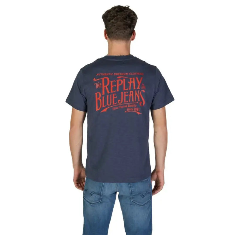 Navy blue T shirt with red lettering displayed in the Navy Blue T Shirt With Red Lettering product