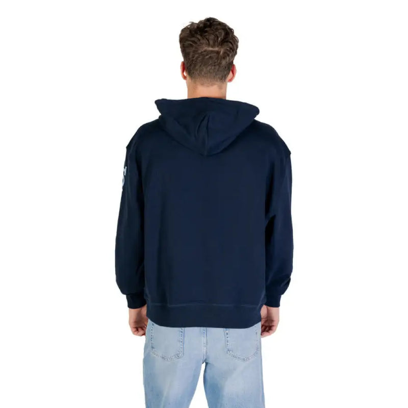 Tommy Jeans Navy Blue Hoodie displayed with hood and front pouch pocket for men
