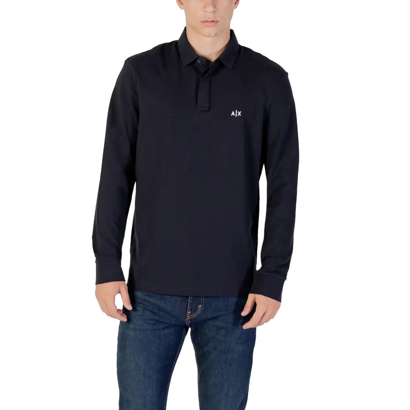 Black long-sleeved polo shirt with a subtle white logo on the chest designed for casual and professional wear