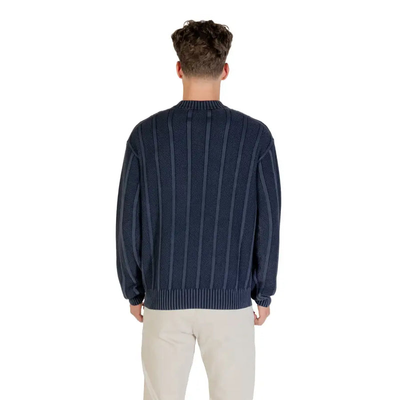 Navy Blue Striped Knit Sweater displayed for stylish winter wear