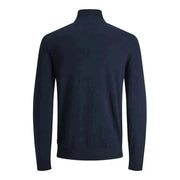 Jack & Jones navy zip neck sweater with buttoned collar, perfect for stylish knitwear lovers