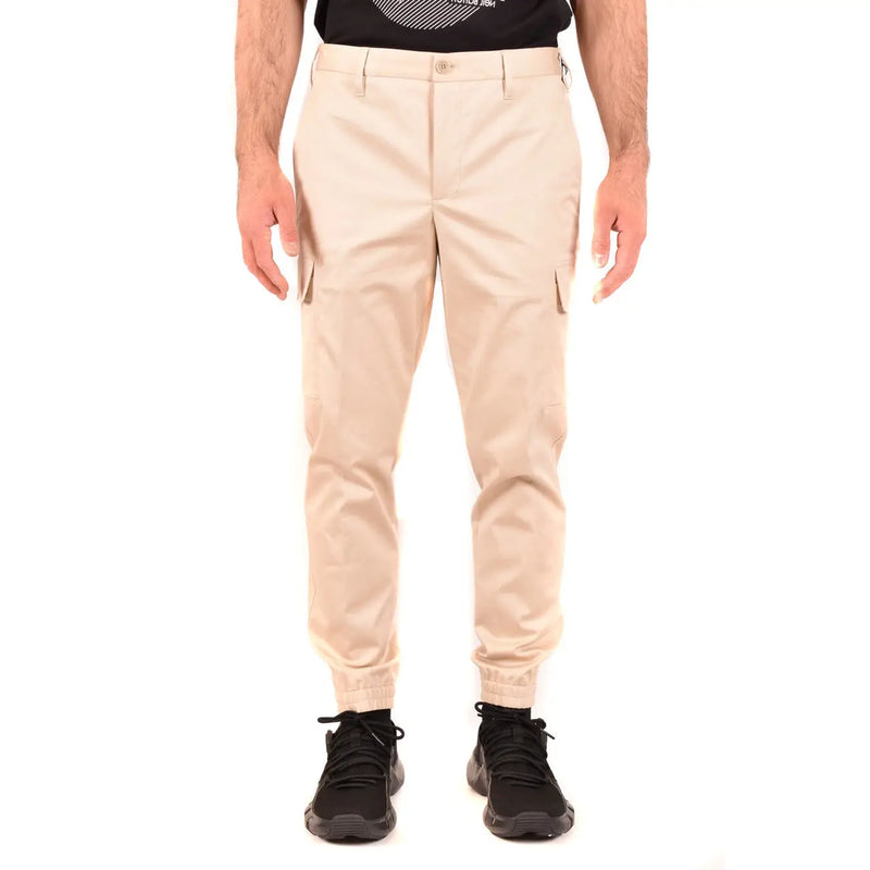 Neil Barrett men beige cotton cargo trousers with side pockets and elastic cuffs for comfortable wear