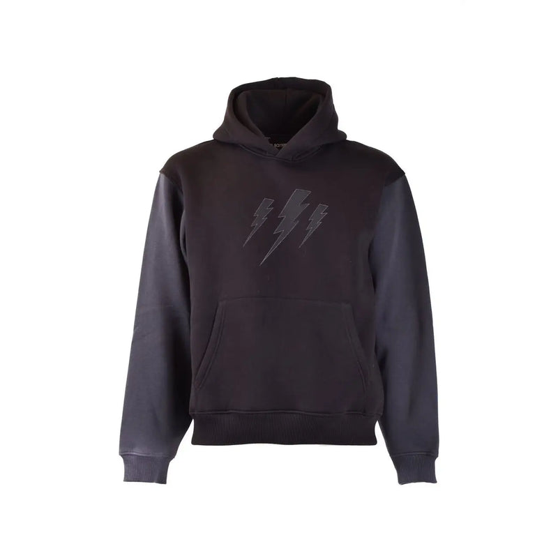 Schwarzer Herren-Kapuzenpullover von Neil Barrett aus Baumwolle mit dunkelgrauen Ärmeln und gesticktem Blitzmotiv auf der Brust