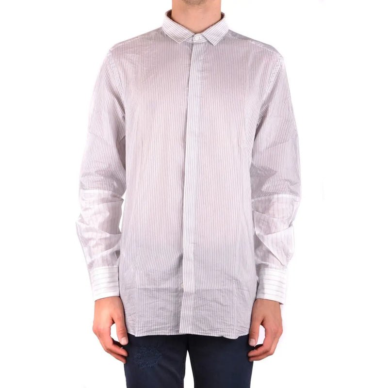 Neil Barrett men grey cotton striped shirt with crisp white and light gray long-sleeved button-up design