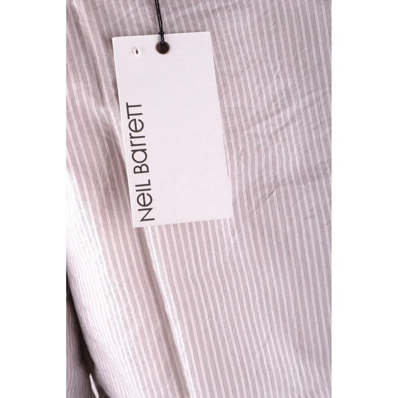 Neil barrett branded tag attached to a light grey cotton vertically striped shirt fabric