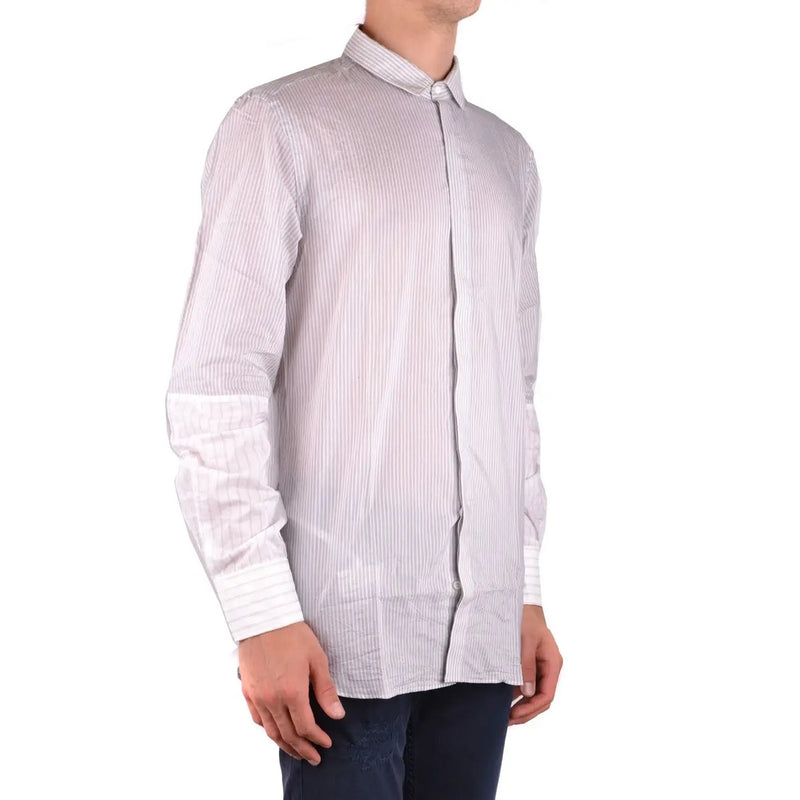 Neil Barrett men grey cotton striped shirt with crisp white and light gray vertical stripes and classic collar