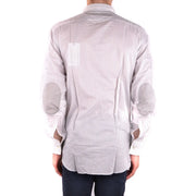 Neil Barrett men grey cotton striped shirt featuring light gray and white vertical stripes with reinforced elbow patches