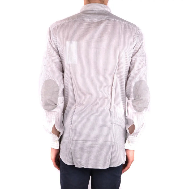 Neil Barrett men grey cotton striped shirt featuring light gray and white vertical stripes with reinforced elbow patches