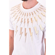 Neil Barrett men t-shirt white cotton featuring a bold metallic gold lightning bolt pattern from the neckline
