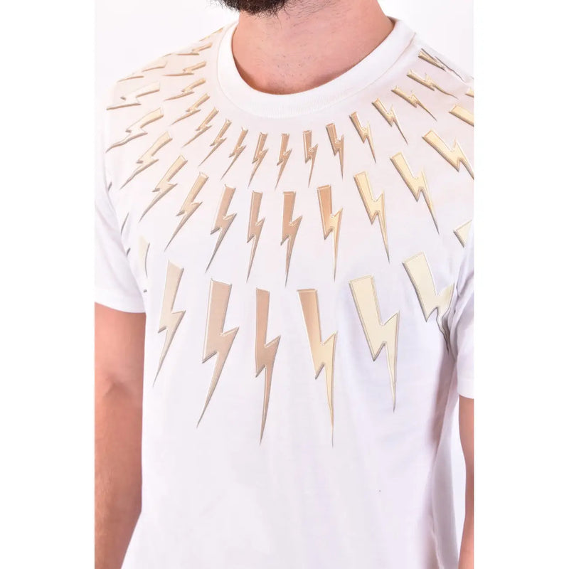 Neil Barrett men t-shirt white cotton featuring a bold metallic gold lightning bolt pattern from the neckline