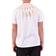 White short-sleeved cotton t-shirt by Neil Barrett featuring a bold gradient gold-to-cream lightning bolt from shoulders