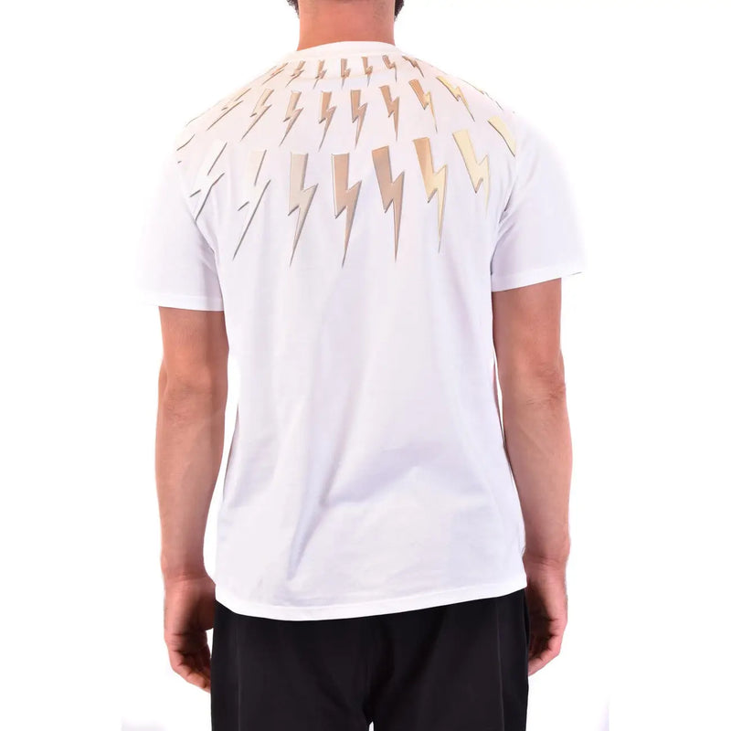 White short-sleeved cotton t-shirt by Neil Barrett featuring a bold gradient gold-to-cream lightning bolt from shoulders