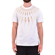 Neil Barrett men white short-sleeved t-shirt with metallic gold lightning bolt pattern across chest and shoulders