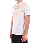 Neil Barrett men t-shirt in white cotton with short sleeves and a bold gold-toned lightning bolt graphic from shoulders