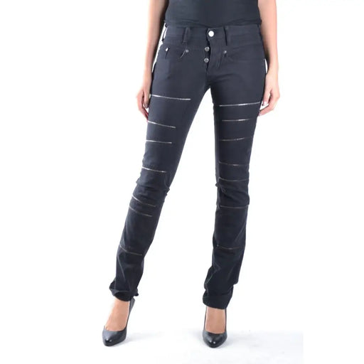 Neil Barrett women black denim jeans with silver leg zippers button fly and front and back pockets for fall winter