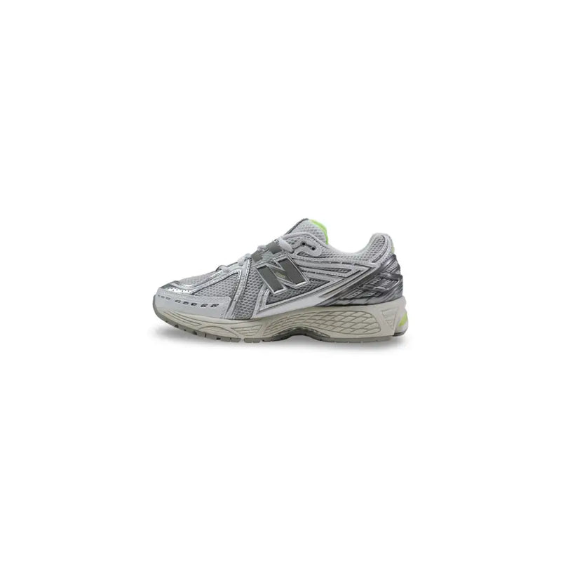 New Balance men 1906r grey synthetic lace up sneakers with mesh and lime green heel detail shown from the back
