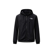 New balance Schwarzer Herrenblazer aus Polyester mit Kapuze, weißen Seitenstreifen und dezentem Logo auf der Brust, Vorderansicht